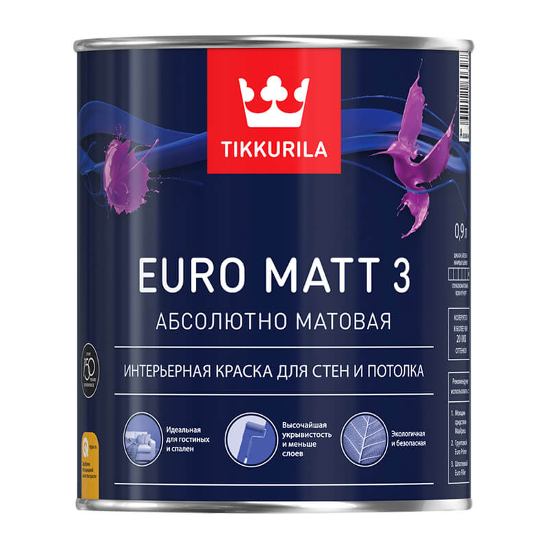 Краска в/д для стен и потолков Tikkurila EURO MATT 3 A (0,9 л)
