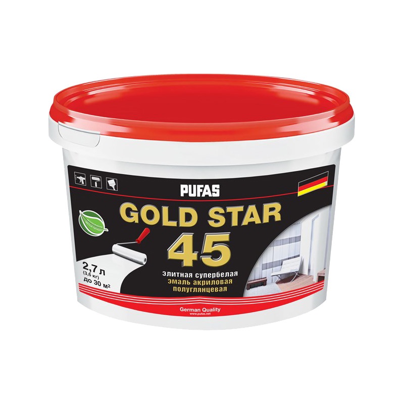 Эмаль акриловая Pufas GOLD STAR 45 супербелая полуглянц. мороз. (2,7 л)